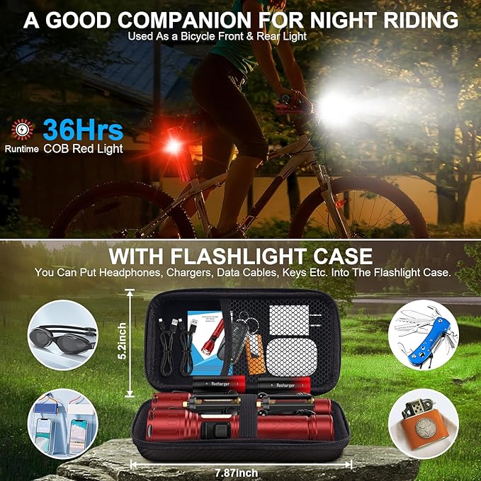 Flashlights 100,000 High Lumens Rechargeable - Super Bright LED Magnetic Flashlight with Sidelight 8 Modes Waterproof Powerful Handheld Flash Light for Emergency (2 Pack with Leather Box, Red)