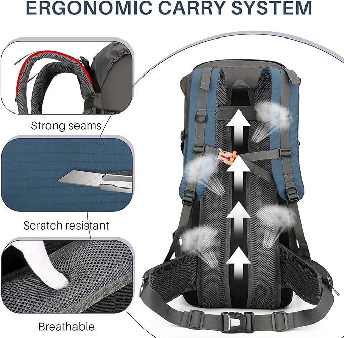 OKYUK 70L Hiking Backpack, Camping Hiking Back Pack, Water Resistant Lightweight Mountain Climbing Bag, Outdoor Camping Sport Daypack with Rain Cover, for Travel, Touring, Cycling (Navy Blue, 70L)