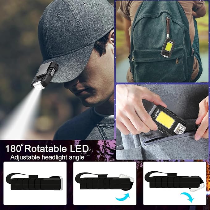 Mini Flashlight 500 Lumens Rechargeable Handheld Flashlights,Key Light 180°Rotatable Headlamps,6 Modes,Waterproof Design,for Camping Hiking Running