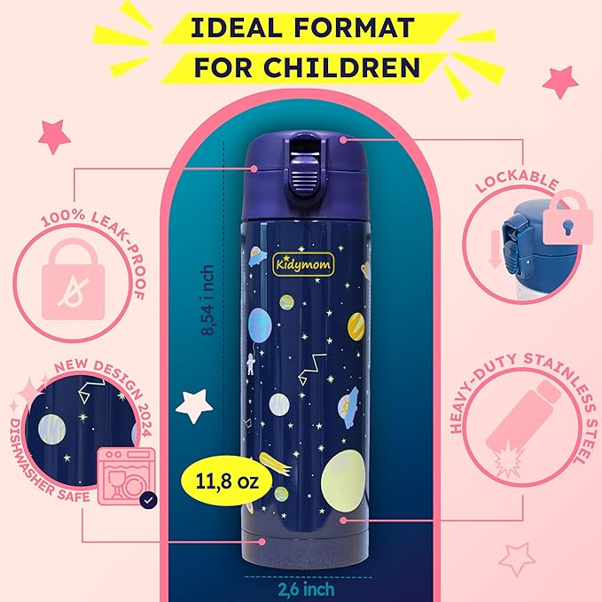 Stainless Steel Water Bottle Kids 12 oz With Carrying Pouch| Insulated Water Bottle For Kid, Toddler, Boys or Teen | Leakproof, BPA-Free | Little Metal Tumbler for School, Galaxy Space For Boy