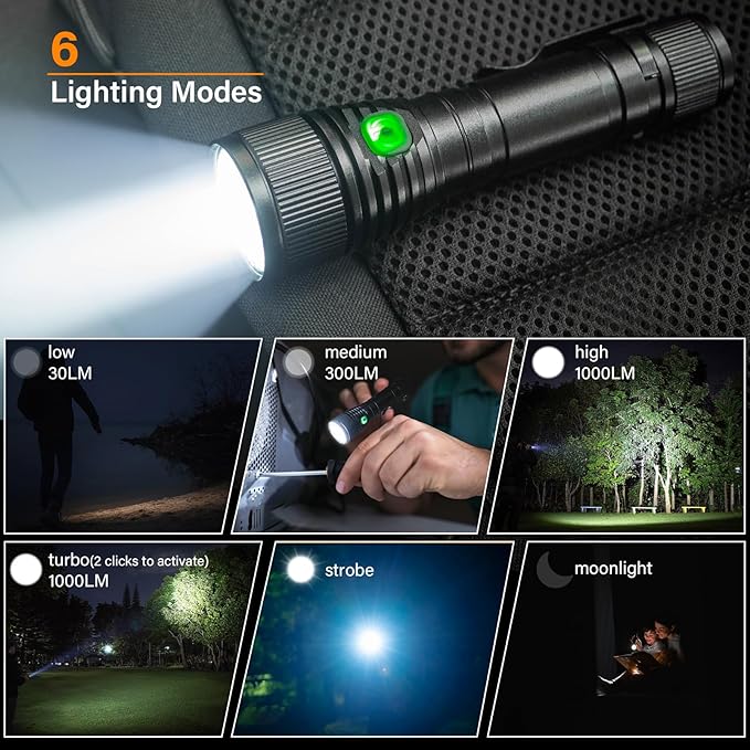 77outdoor Small Flashlight Powerful 1000 High Lumen, S15 Pro USB C Rechargeable Pocket Flashlight with Clip, Super Bright LED, Magnetic Tail Cap for EDC, Camping, Emergency