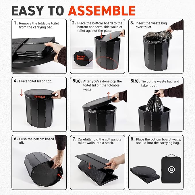 72 HRS Portable Collapsible Toilet for Camping, 15.8" Extra Large Camping Toilets Portable Potty, Lightweight and Sturdy, Camp Toilet (With 12 Toilet Bags)