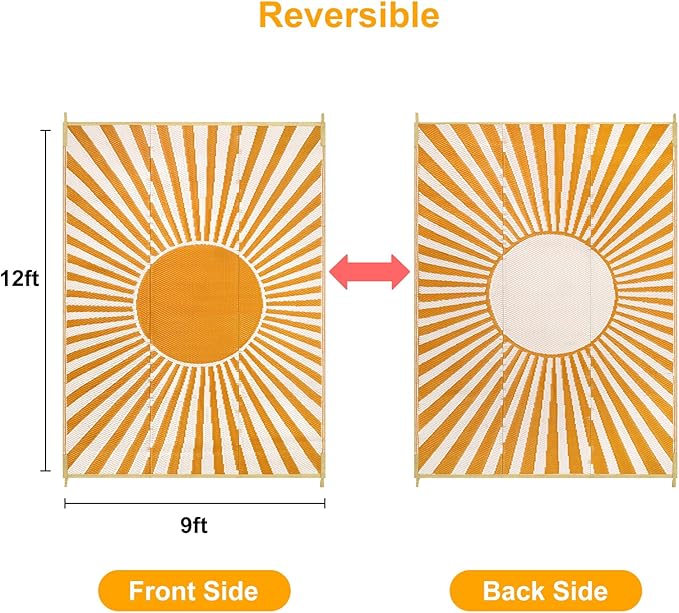 Anidaroel Outdoor Area Rugs 9x12ft Waterproof Clearance, Reversible Camping Rugs for Outside RV, Outdoor Plastic Straw Patio Rugs for Camping, Trailer, Backyard, Pool Deck, Picnic(Orange,9‘x12')