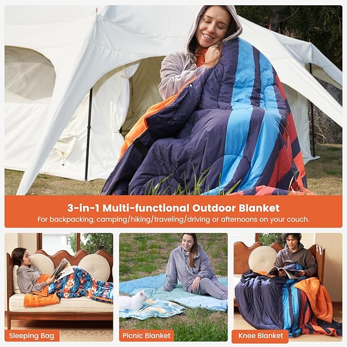 Cozy Bliss Puffy Camping Blanket Beach Mat Sleeping Bag 3 in 1 Multi Use, Packable Outdoor Blankets Warm Lightweight Down Alternative Filled 63"x78" for Travel Picnic Stadium Concerts