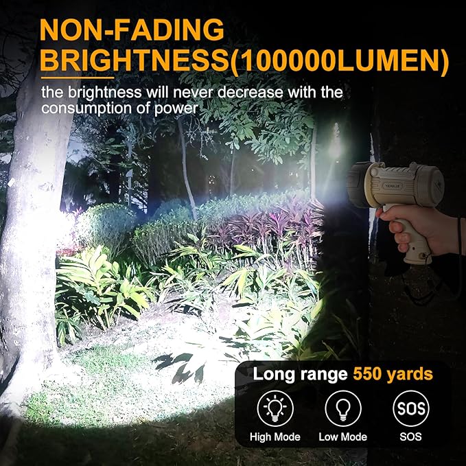 YIERBLUE Rechargeable Spotlight Flashlight with 1000,000 Lumen LED, IP67 Waterproof Long Running Spot Light searchlight, Impact Resistant Handheld Spotlight with Foldable Stand and Detachable Red Lens