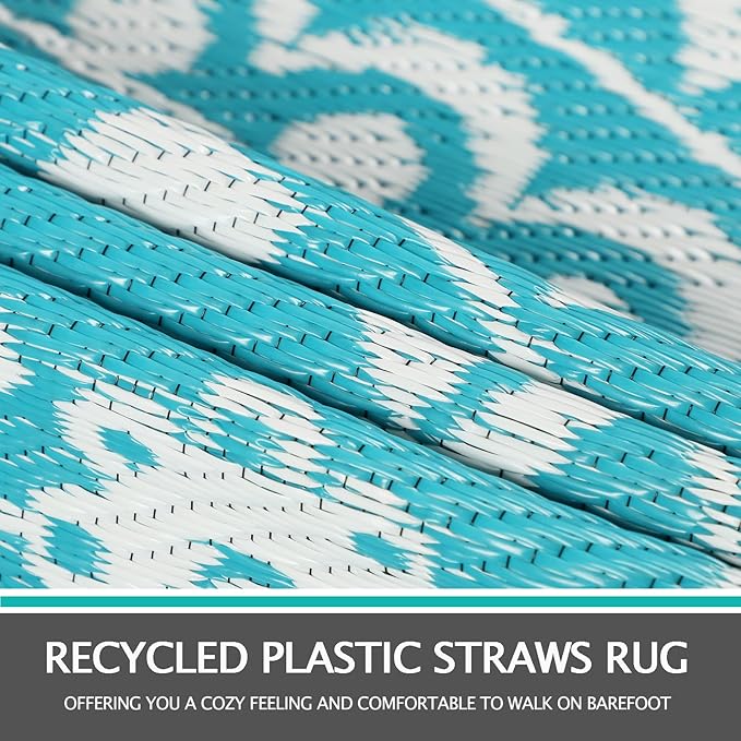 Capslpad 6Ft Round Outdoor Rug for Patio Clearance Boho Reversible Mat Waterproof Outdoor Plastic Straw RV Camping Rug Outside Circle Area Rug for Porch Deck Terrace Picnic Beach Apartment, Teal