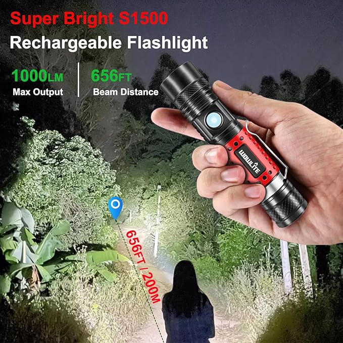 wowlite Flashlight Rechargeable, Super Bright Pocket LED Flashlights with Adjustable Brightness, Zoomable High Lumens Small Flash Light, Long Lasting for Outdoor Camping Home Emergency (Red)