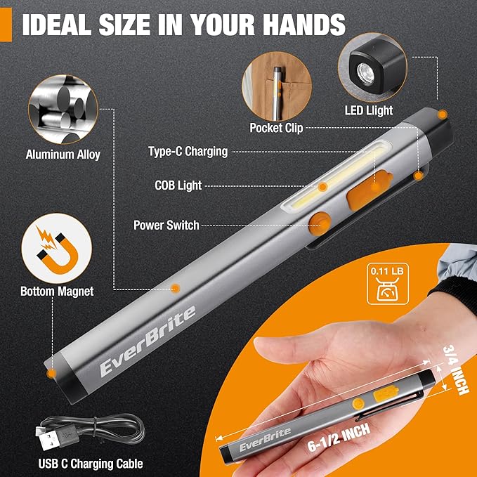 EverBrite Pen Flashlight, Rechargeable LED Pen Light, COB Light with White and Red Modes, Memory Function, USB C Cable, 6 Modes Pocket Light with Clip and Magnet, Waterproof, for Camping, Emergency