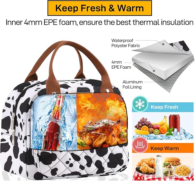 Buringer HOMESPON Lunch Bag for Woman Man Adults with Front Pocket Insulated Lunch Tote Lunch Box Container for Work Picnic or Travel(Cow)