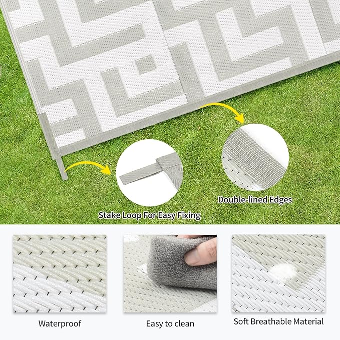 Outdoor Patio Plastic Straw Rug - 6'x9' Outdoor Camping Rug Waterproof Reversible, Area Carpet Patios Clearance RV, Outside Porch Balcony Deck for Camper, Grey & White