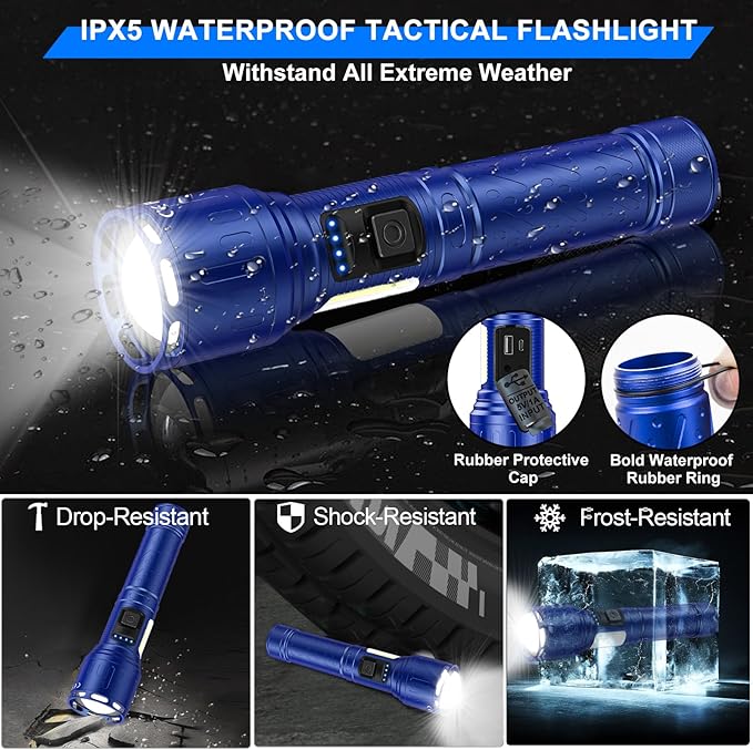 Rechargeable Magnetic Flashlights 100,000 High Lumens, Super Bright LED Powerful Flashlight 8 Modes with COB Work Light, Waterproof Handheld Flash Light for Camping (2 Pack with Paper Box, Blue)