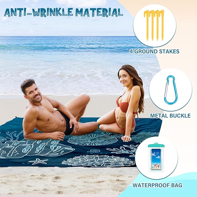 Beach Blanket Waterproof Sandproof 1-7 Adult Oversized 78 '' × 81 '' Lightweight Durable Compact Sand Free Beach Mat for Travel Camping Hiking Picnic Blanket Extra Large