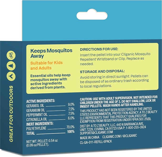 Cliganic Mosquito Repellent Refill Pack (6 Pellets) for Cliganic Wristbands - Natural DEET-Free, Essential Oil Infused