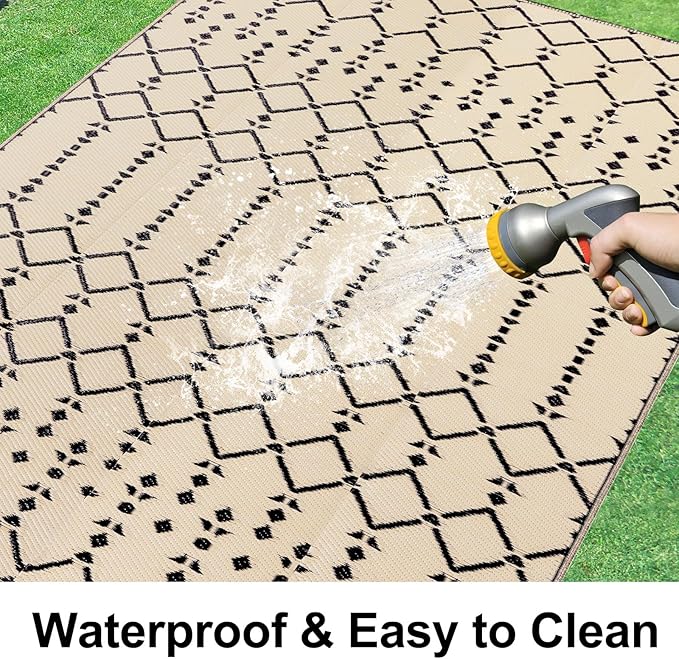 Smiry Outdoor Rug 5x8 ft, Waterproof Reversible Plastic Straw Rugs, Boho Outdoor Area Rug, Outside Floor Mat for Patio, Backyard, Deck, Picnic, Beach, Camping, Beige