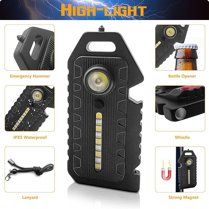2 Pcs LED Small Flashlight, Bright Rechargeable Keychain Flashlights 3 Light Modes Portable Magnetic Pocket Light with Hanging Rope Bottle Opener Window Breaker Whistle for Fishing Camping