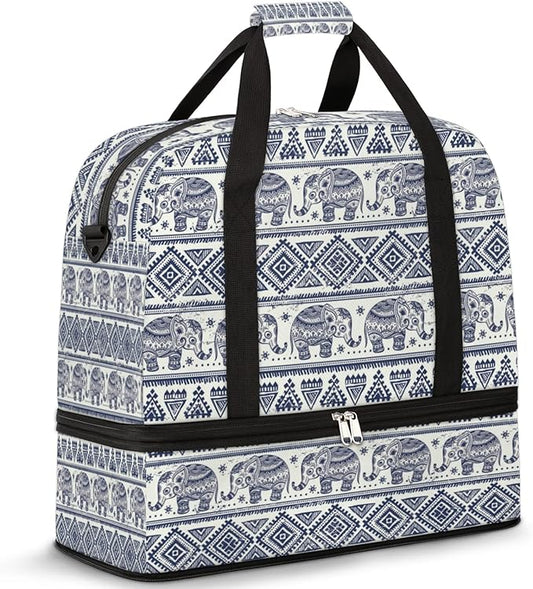 Bohemian Ethnic Elephant Foldable Travel Duffel Bag Tote Carry On Luggage Sports Gym Bag With Shoe Compartment For Woman Man Overnight Weekend Yoga Workout Bag Training Handbag