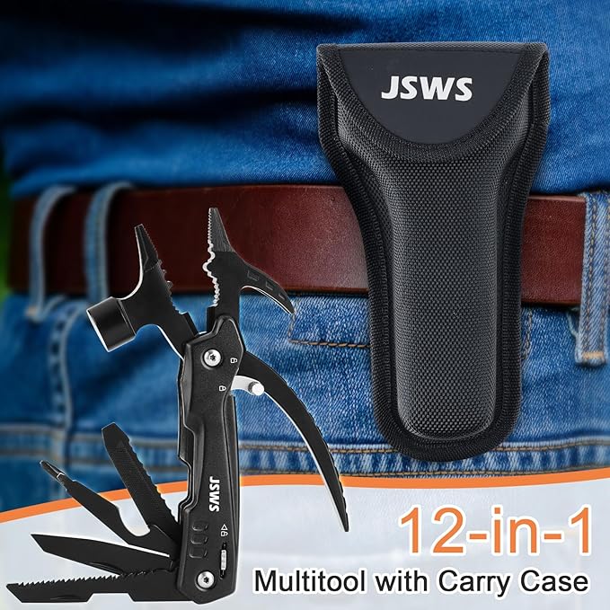 12-in-1 Multi-Tool Hammer Cool Gadgets Presents for Father Husband Grandpa Boyfriend Unique Gifts for Men & Women Multi tool Knife, Pliers, Safety Lock, Nylon Sheath Camping Essentials Mens Gift