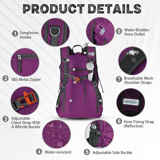 40L Lightweight Hiking Backpack Travel Packable Daypack for Women and Men, Purple