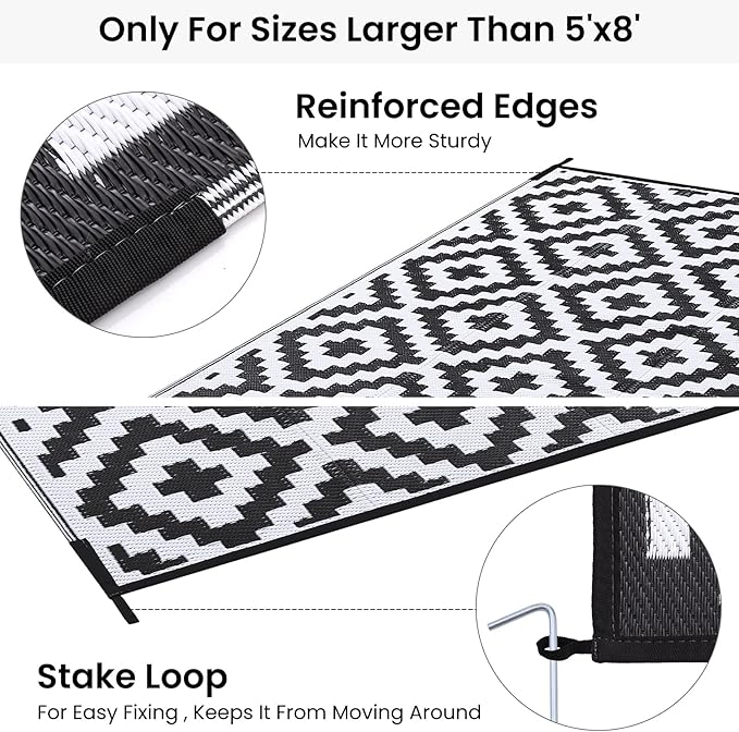 Smiry Waterproof Outdoor Rug 9x12 ft, Reversible Plastic Straw Patio Camping Rugs, Outdoor Indoor RV Mat Carpet for Patio, Outside Entry, Backyard, Deck, Bench, Picnic, Camper, Black & White