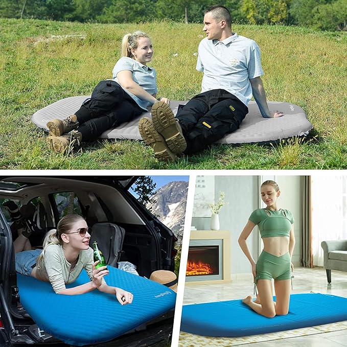 KingCamp Double Sleeping Pad, 2 Person Queen R 7.5 Self Inflating Sleeping Pad 3" Thick Foam Mattress Mat with Contoured Design & Honeycomb Surface Cut for Camping Tent Car Backpacking (BLUE/CHARCOAL)