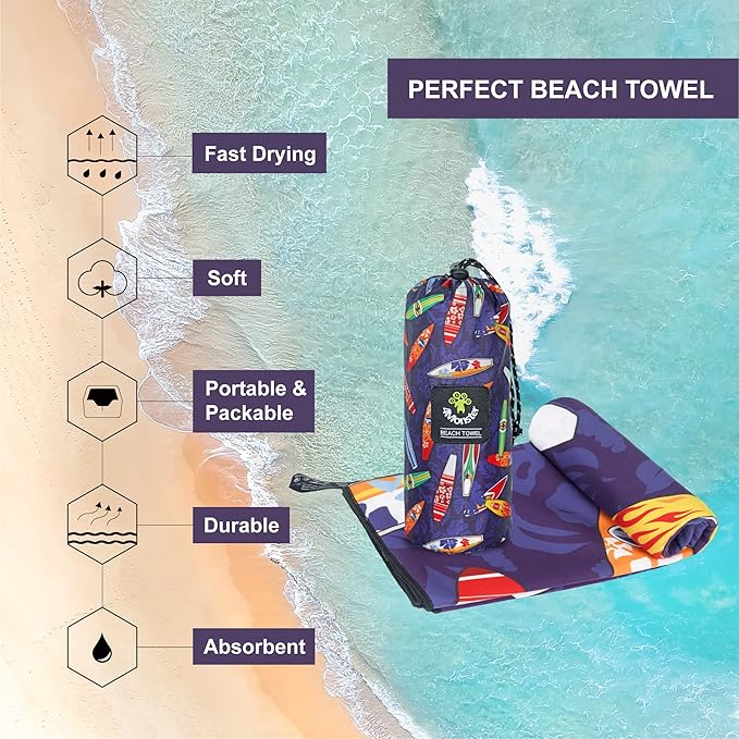 4Monster Microfiber Beach Towel Quick Dry,Super Absorbent Lightweight Travel Towel for Swimmers, Sand Free Camping Towel, Beach Towels for Pool, Swim, Water Sports,Yoga,Gym,Backpacking