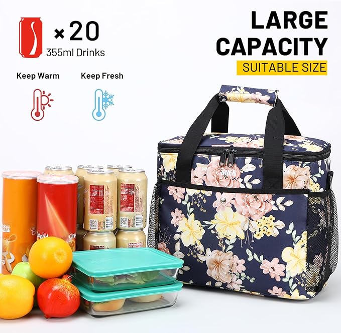 MIER 18L Large Soft Cooler Insulated Picnic Bag for Grocery, Camping, Car, Navy with Flower