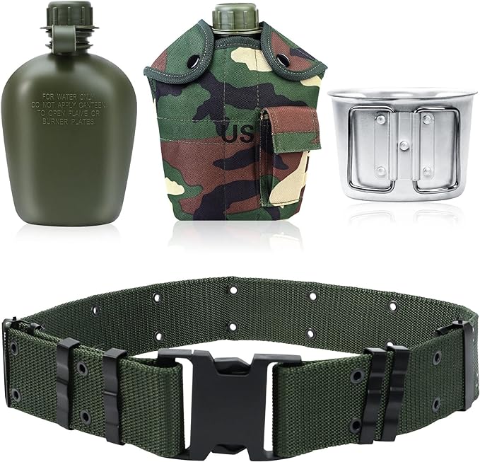 1 Quart Canteen Kit Portable Canteen Hydration Canteens Water Bottle with Reinforced Nylon Bottle Pouch Cover Bag,Aluminum Cup and Waist Belt for Backpacking Hiking Camping Climbing Outdoor Activities