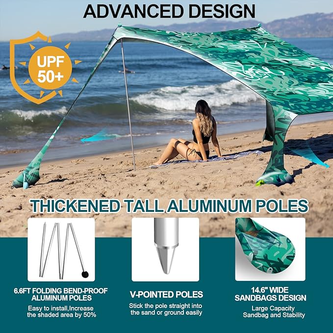Buheco Beach Tent Pop Up Shade 7x7.5ft Beach Canopy Sun Shelter UPF50+ with 4 Foldable Poles-Portable Carrying Bag-Sand Shovel-Ground Pegs-Windproof Ropes for Outdoor Family Camping-Fishing- Picnic