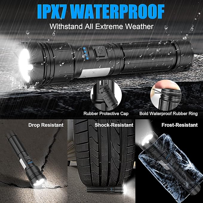 LED Magnetic Flashlight High Lumens Rechargeable, 10000 Lumens Super Bright Small Tactical Flashlights with COB Work Light, Type C, Zoomable, 7 Modes, IPX7 Waterproof Handheld Flashlights for Camping