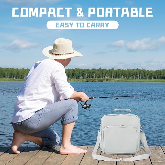 Fishing Reel Case with Shockproof Dividers & Multiple Pockets, Fathers Day Gift for Dad Men, Waterproof Fishing Tackle Bag for Spinning Baitcasting Fly Reels (Grey)