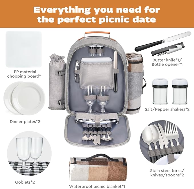 Couple Gifts 22L Picnic Basket Set, Grey Insulated Picnic Backpack for 2, Leak Proof Cooler Camping Gifts, Cool Bridal Shower Gifts Anniversary Engagement Wedding Gifts for Couples, Mr and Mrs Gifts