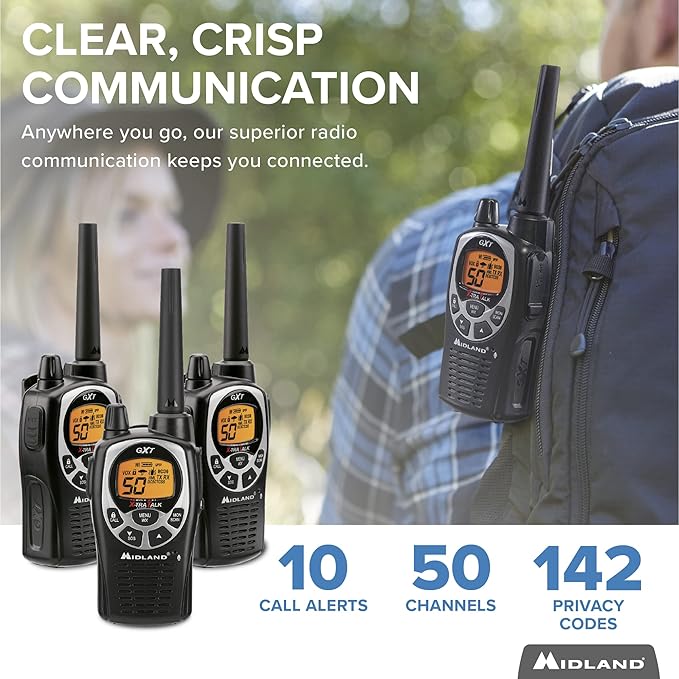 Midland® - GXT1000X3VP4 - Walkie Talkie Long Range Two-Way Radio - 50 Channel GMRS Radio - 142 Privacy Codes, SOS Siren, and NOAA Weather Alerts and Weather Scan - Black/Silver, 3-Pack