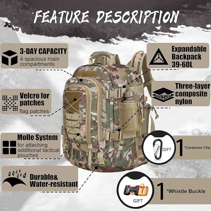 Expandable 40-64L Military Tactical Backpack 3 Day Bag Hiking Gym Sport Camping