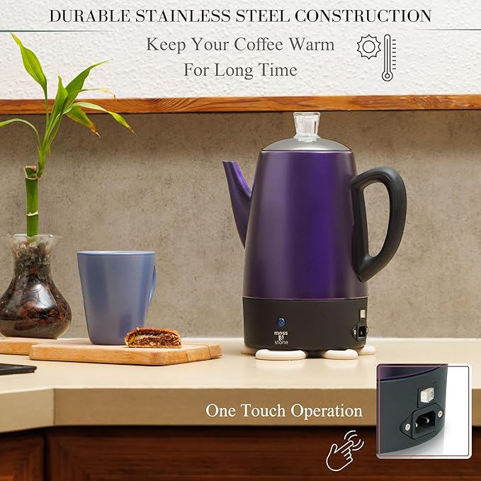Moss & Stone Percolator Coffee Pot Electric 10 Cup, Stainless Steel Purple Coffee Maker, Coffee Percolator Electric With Keep Warm Function, 10 Cups Stainless Steel Percolator With Coffee Basket