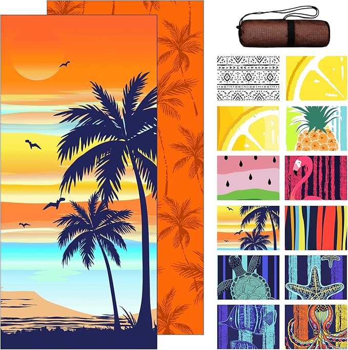 Bnuitland Coconut Tree Pattern Beach Towel (35X75 inches), Oversized Quick Drying Absorbent Sand Free, Cute Towels for Travel Swimming Pool Picnic, 88% Polyester and 12% Polyamide,Orange
