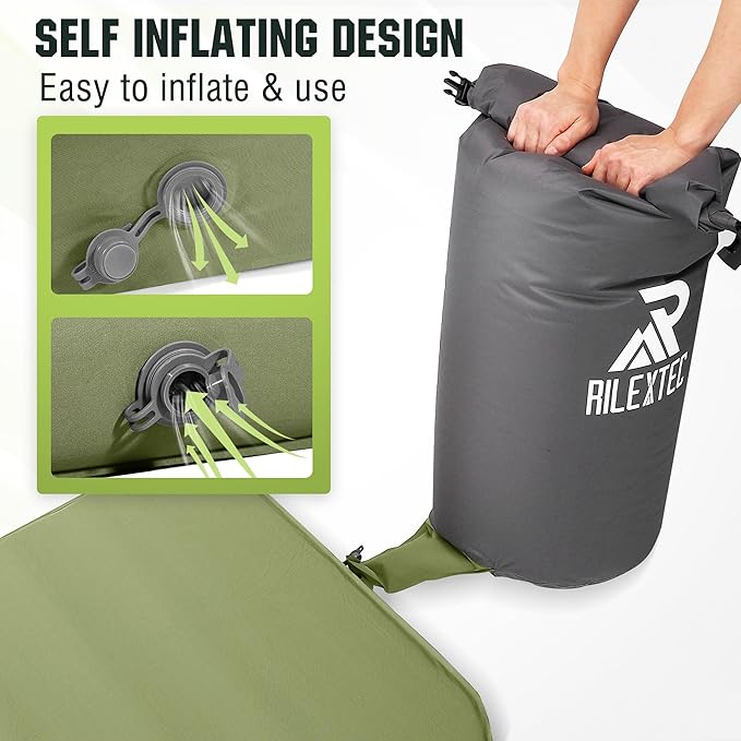 Riextec Self Inflating Sleeping Pad, Camping Mattress with Pump Sack, Memory Foam Camping Pad for Sleeping, 4” Thickness Sleeping Mat for Camping/Travel/Car/Tent, 4 Season Camp Air Mattress,Single