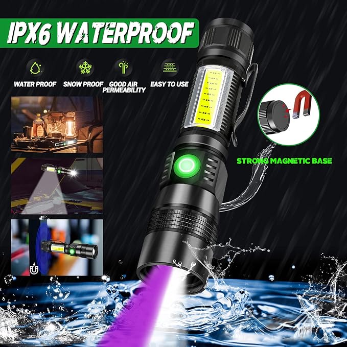 Rechargeable UV Flashlight, 3in1 Tactical Flashlight LED UV Black Light with Redlight, 1200 High Lumen Magnetic LED Flashlight with COB Sidelight, 7 Mode, Zoomable, Waterproof for Camping 2Pack