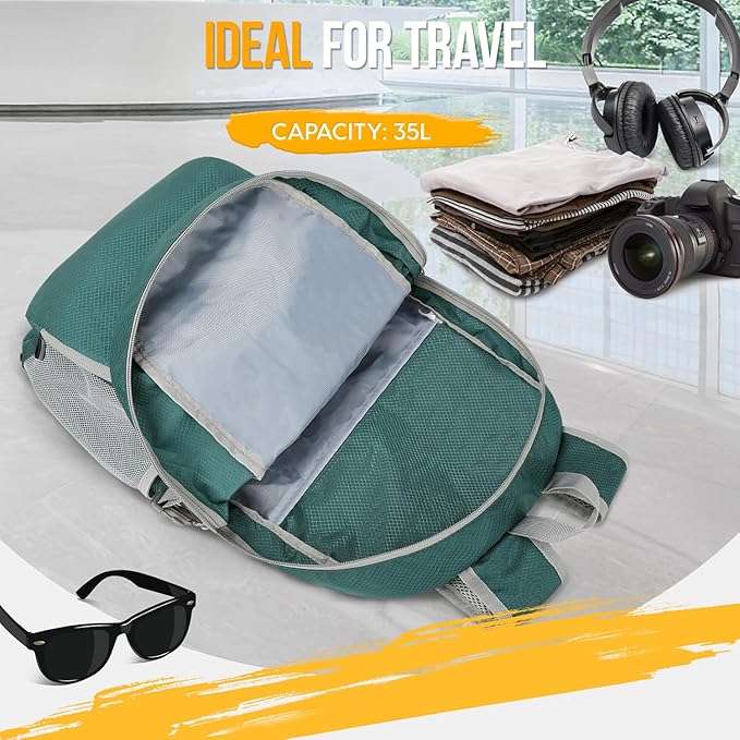ZOMAKE Lightweight Packable Backpack 35L - Light Foldable Backpacks Water Resistant Collapsible Hiking Backpack - Compact Folding Day Pack for Travel Camping(Dark Green)
