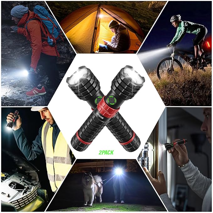 2PACK Portable Rechargeable Handheld Flashlight,Led Flashlights 1500 High Lumens,Military Grade Emergency Tactical Flashlights Suitable for Home,Outdoor,Camping,Biking,Hiking,Hurricane