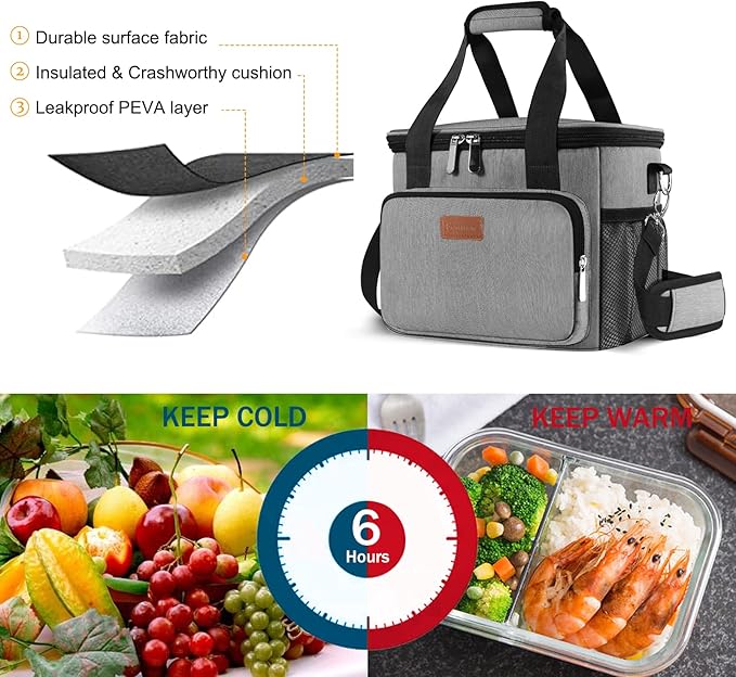Femuar Lunch Bags for Women/Men, Insulated Lunch Bag for Work Office Picnic - Large Lunch Cooler Bag Leakproof Lunch Box with Adjustable Shoulder Strap for Adults - Grey (15L)