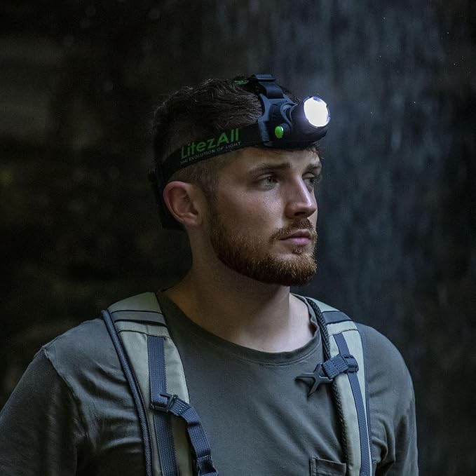 LitezAll LED Head Lamp Work Light - 800 Lumen Adjustable Headlamp, Weather Resistant, Battery Powered Headband Flashlights for Camping, Running, Outdoor Gear - Batteries Included