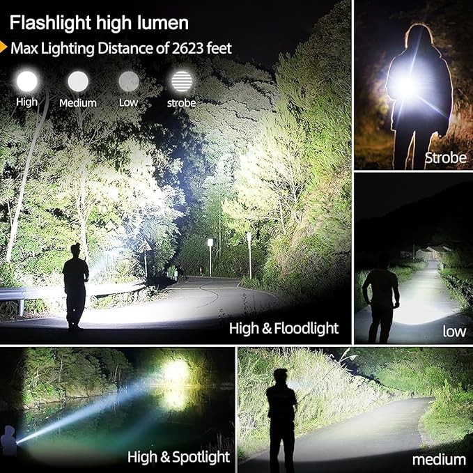 Flashlights High Lumens Rechargeable,Super Bright Tactical Flashlight with LCD Digital Display, 4 Modes Zoom Waterproof Powerful High Powered LED Flashlight for Emergencies Power Outage, Camping