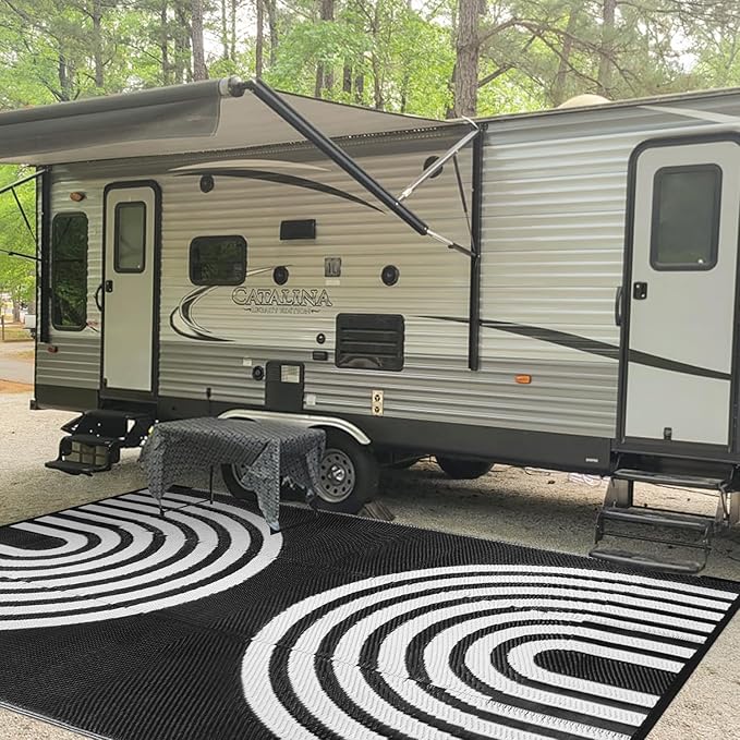 Anidaroel Outdoor Area Rugs 9x12ft Waterproof Clearance, Reversible Camping Rugs for Outside RV, Outdoor Plastic Straw Patio Rugs for Camping, Trailer, Backyard, Pool Deck, Picnic(Black&White, 9‘x12')