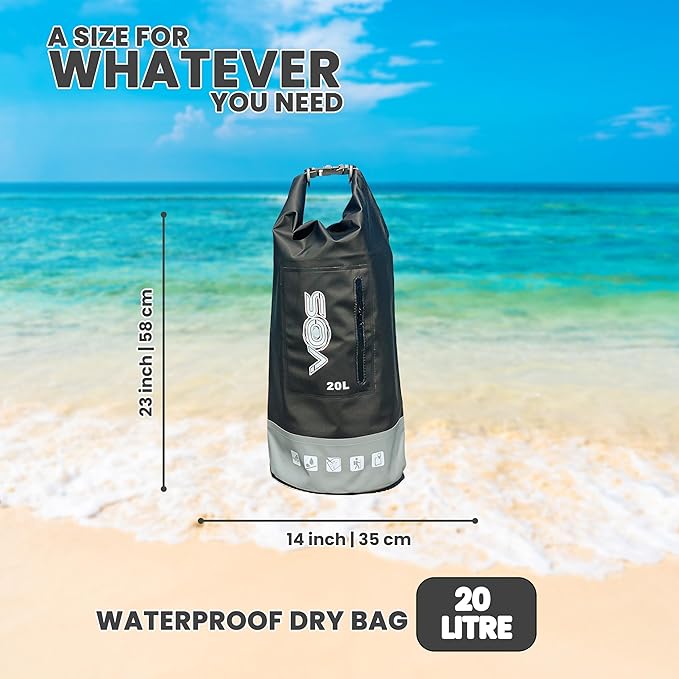 VOS Waterproof Premium Dry Bag – 20L | All-purpose Bag Lightweight Dry Storage Bag Backpack for Travel, Swimming, Boating, Kayaking, Camping, Beach (Black/Grey)