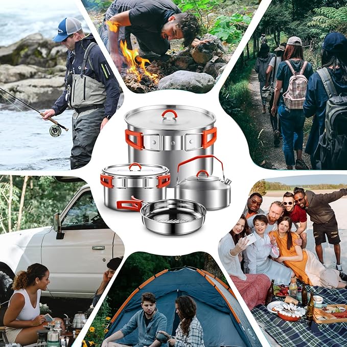 Camping Cookware Set,Camping Cooking Set,304 Stainless Steel Camping Pots and Pans Set,Camping Gear for Hiking Outdoor Cooking Picnics for 2-4 People