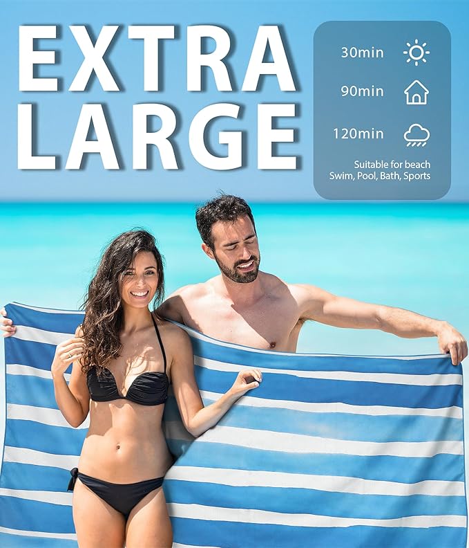 Microfiber Quick Dry Beach Towel – Lightweight Sand Free Oversized X-Large Towel Accessories Travel Must Have Swim Pool Yoga Camping Gear Summer Cruise Ship Compact Sandproof Item Gift Vertical Stripe