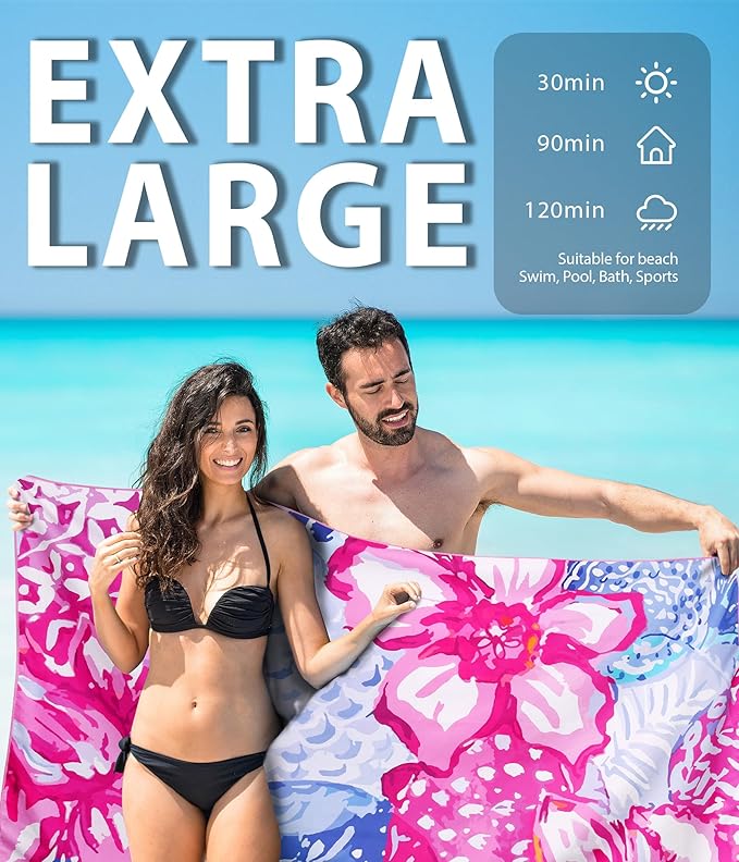 Microfiber Beach Towel – Pink Flower Quick Dry Lightweight Sand Free Oversized Large Accessories Travel Must Have Swim Pool Yoga Camping Gear Summer Cruise Ship Essentials Cloud Compact Gift 71''32''