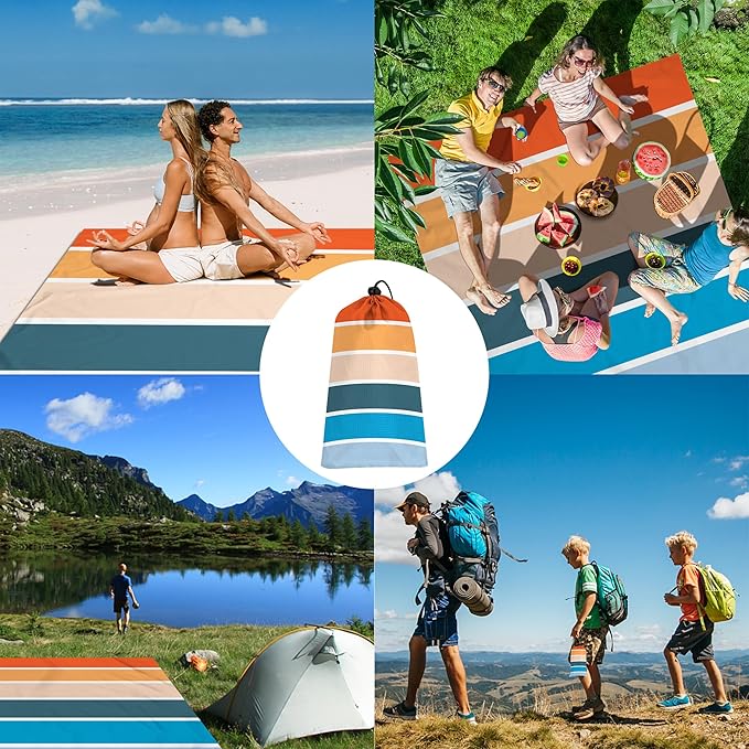 Colorful Beach Blanket Sandfroof, 78”x 86” Large Waterproof Beach Mat Sand Free w/ 4 Stakes for 1-6 People, Big Compact Foldable Picnic Pockets Blanket for Travel, Camping, Hiking - Thick Stripes