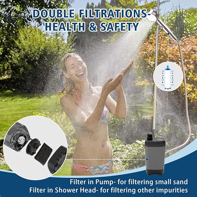 Portable Camping Shower Kit, Rechargeable 6000mAh Electric Outdoor Shower Pump, Upgrade High Pressure Shower Head Nozzle with Filter for Travel, Hiking, Car Washing, Pet Bath, Plant Watering