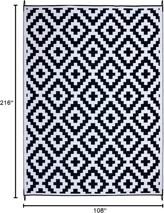 FH Home Outdoor Camping Rug - Waterproof, Fade Resistant, Reversible - Premium Recycled Plastic - Geometric - Large Patio, Deck, Sunroom, RV - Aztec - Black & White - 9 x 18 ft Foldable